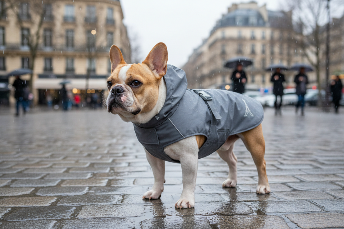 Chien portant un imperméable sous la pluie
